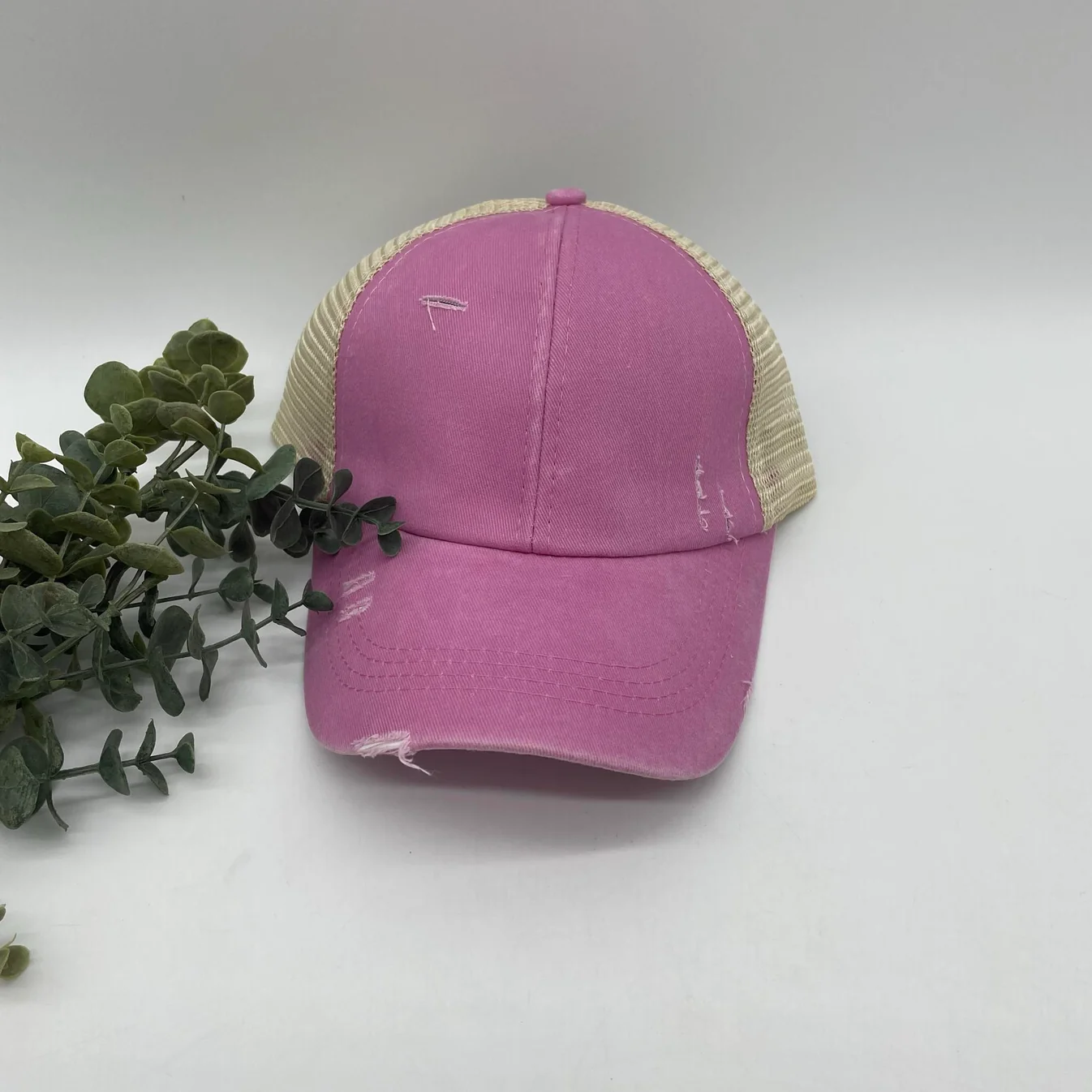 Distressed Criss-Cross Ponytail Trucker Cap – Pink