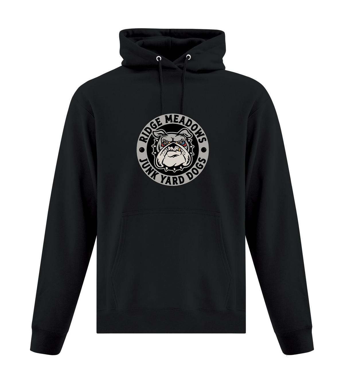 Ridge Meadows Junk Yard Dogs black adult hoodie with team chest logo and no sleeve print