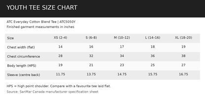 Youth tee size chart ATC5050Y