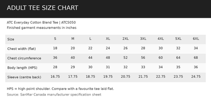Adult tee size chart ATC5050