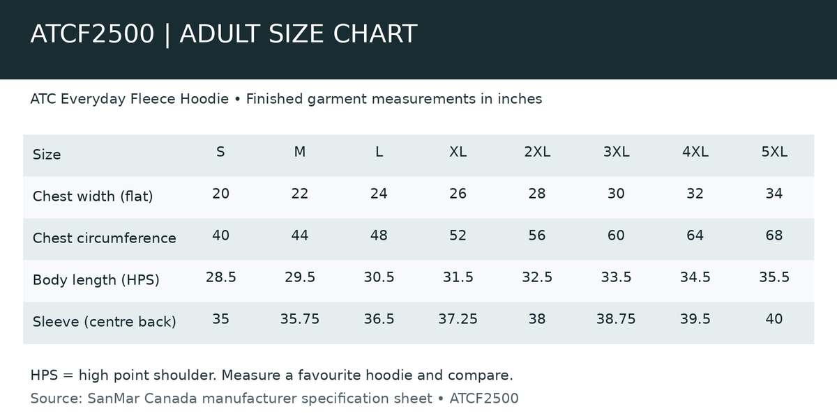 Adult ATCF2500 size chart