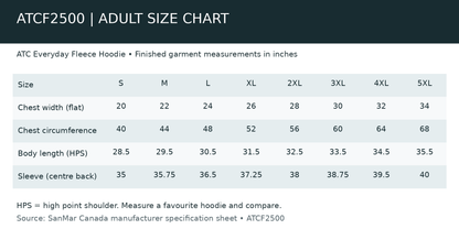 Adult ATCF2500 size chart