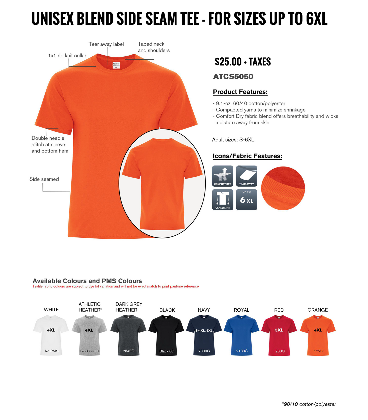 ATC EVERYDAY BLEND SIDE SEAM TEE (ATCS5050) - Up To 6Xl Spec Sheet