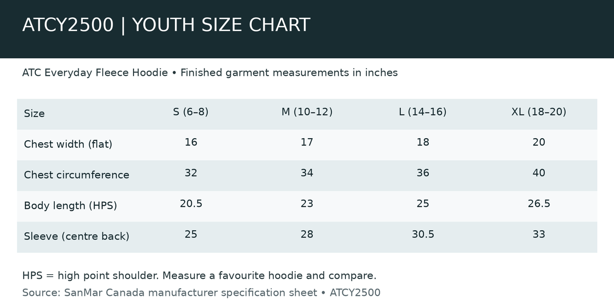 Youth ATCY2500 size chart