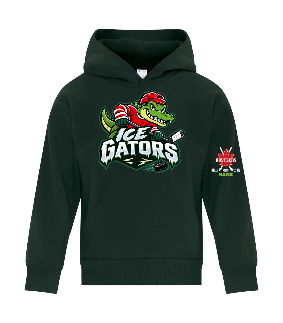 ICE GATORS hoodie front mockup — optional sleeve print shown