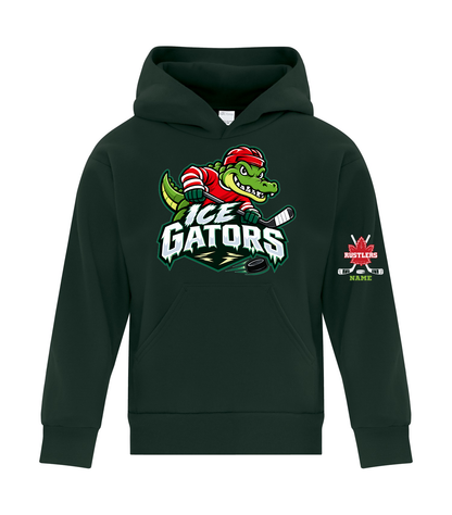 ICE GATORS hoodie front mockup — optional sleeve print shown