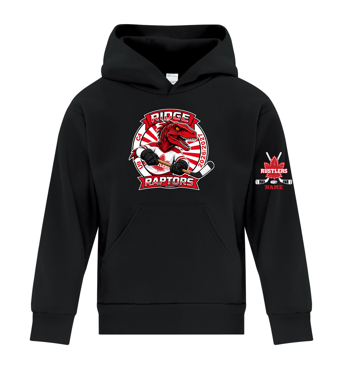 RIDGE RAPTORS hoodie front mockup — optional sleeve print shown