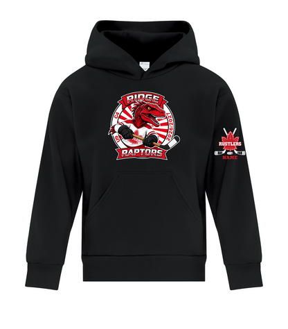 RIDGE RAPTORS hoodie front mockup — optional sleeve print shown