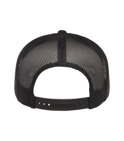 Black ATC6006 trucker hat, mesh back and snapback closure