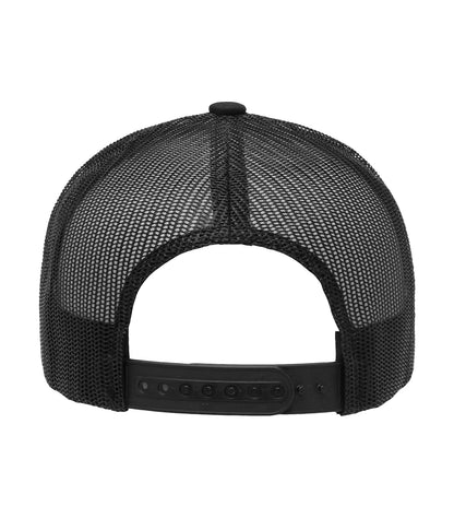 Black ATC6506 trucker hat, mesh back and snapback closure