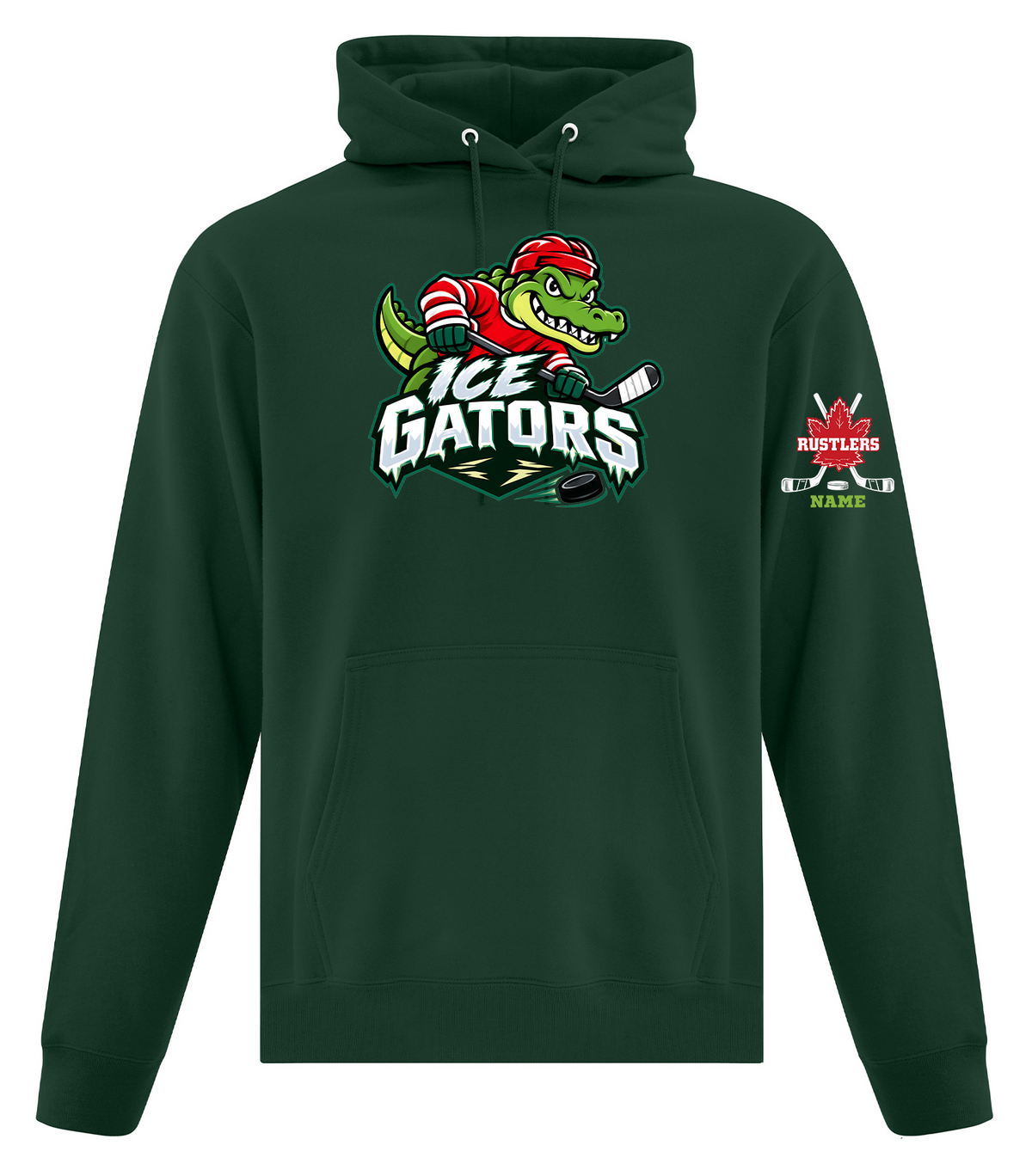 ICE GATORS adult hoodie front mockup — optional sleeve shown