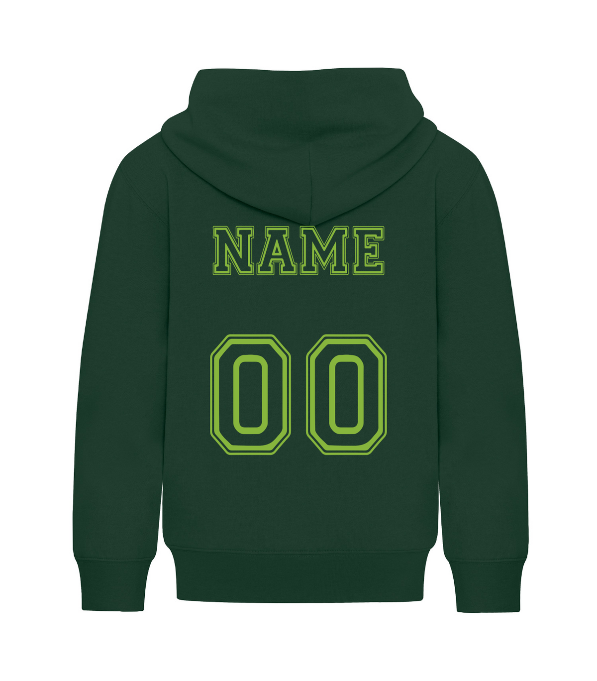 Youth hoodie back with example name and number