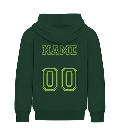 Youth hoodie back with example name and number