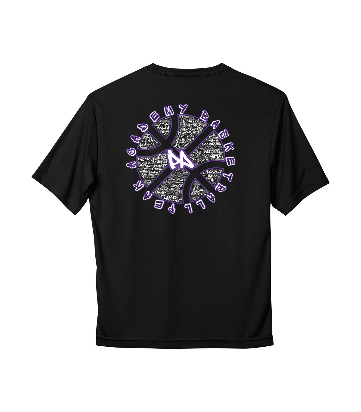 Peak Academy performance tee back — purple-accent basketball word art