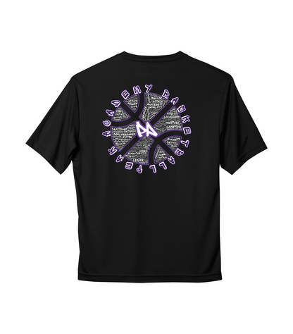 Peak Academy performance tee back — purple-accent basketball word art