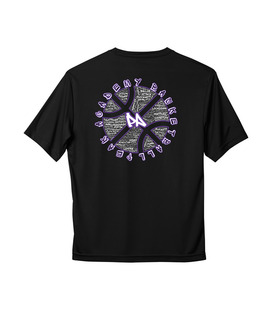 Peak Academy performance tee back — purple-accent basketball word art