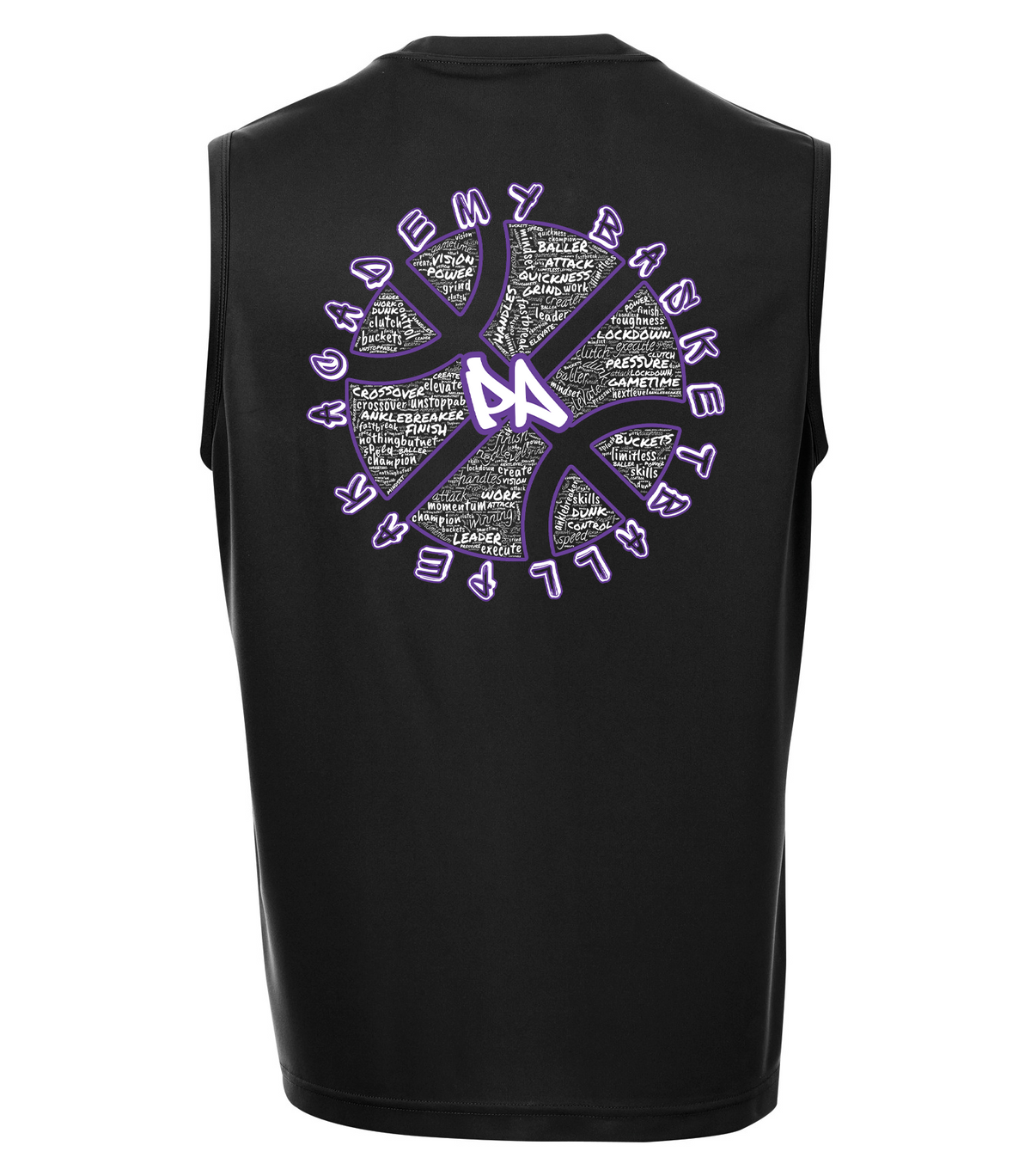 Peak Academy sleeveless tee back — basketball word art