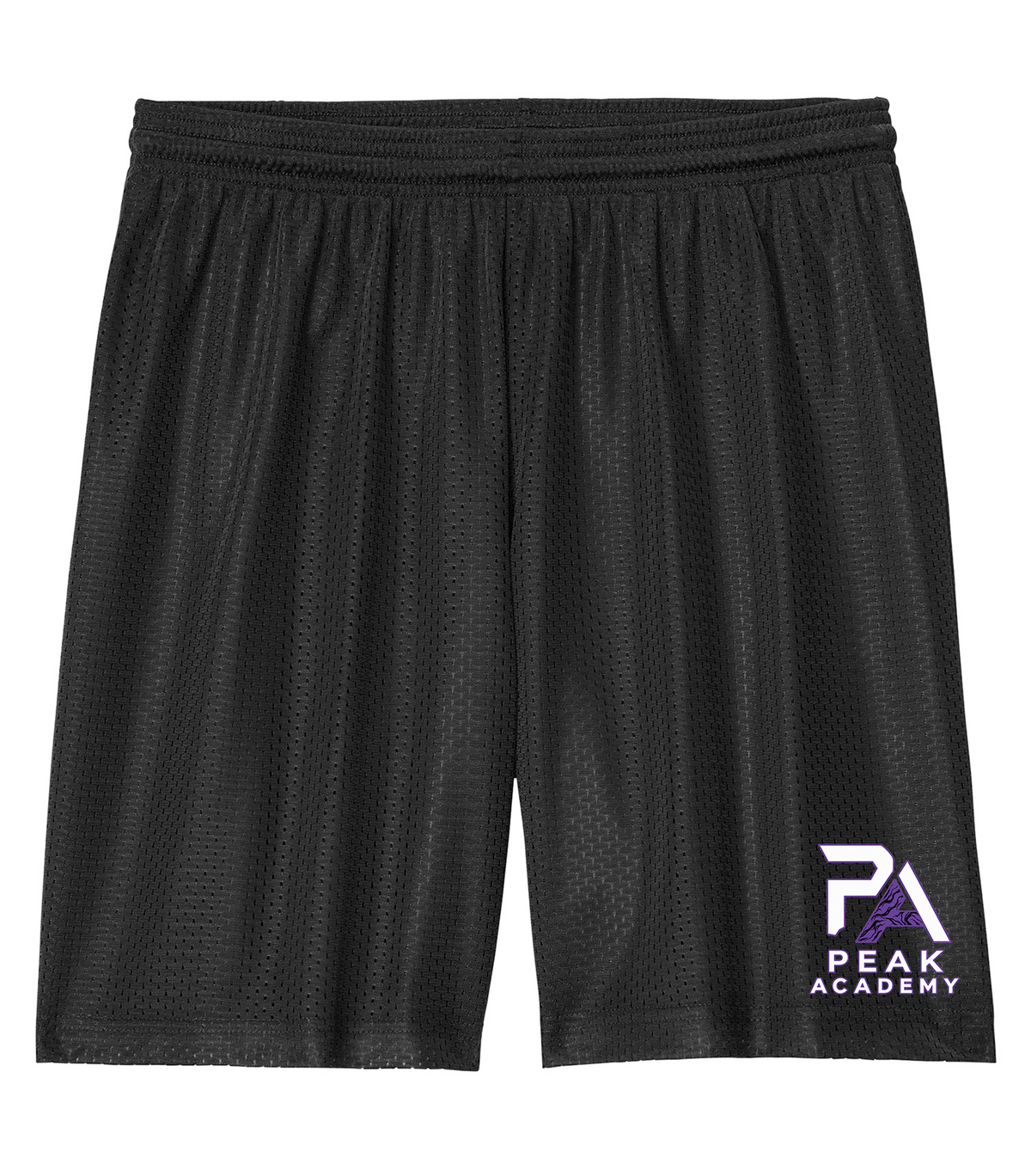Peak Academy adult black mesh shorts with white and purple PA Peak Academy logo