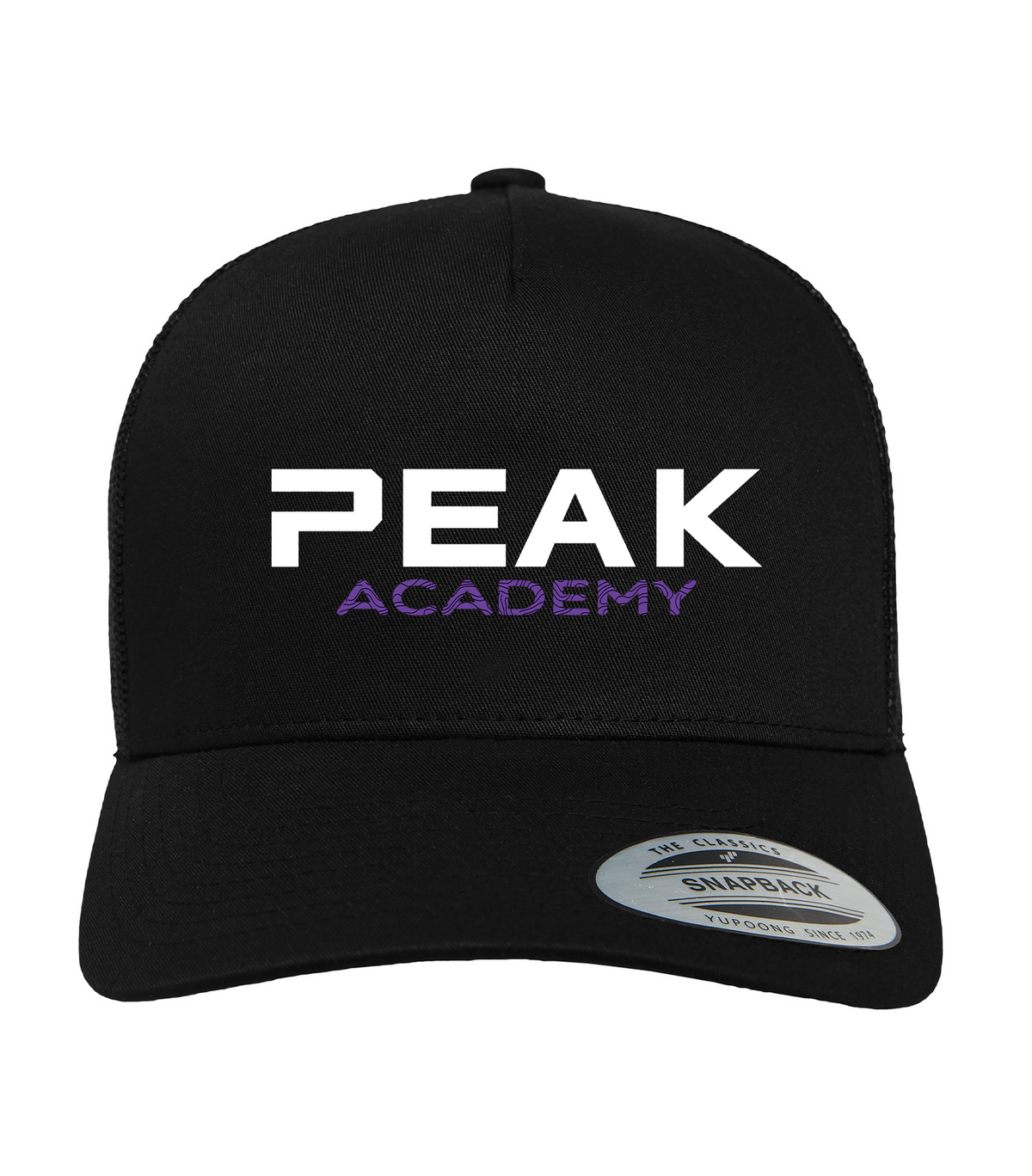 Black Curved Bill Trucker hat with Peak Academy Word Logo design
