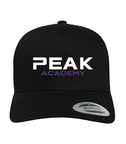 Black Curved Bill Trucker hat with Peak Academy Word Logo design