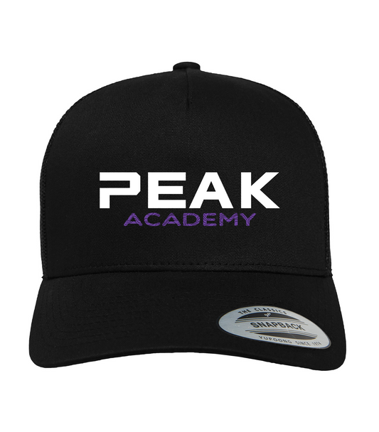 Black Curved Bill Trucker hat with Peak Academy Word Logo design