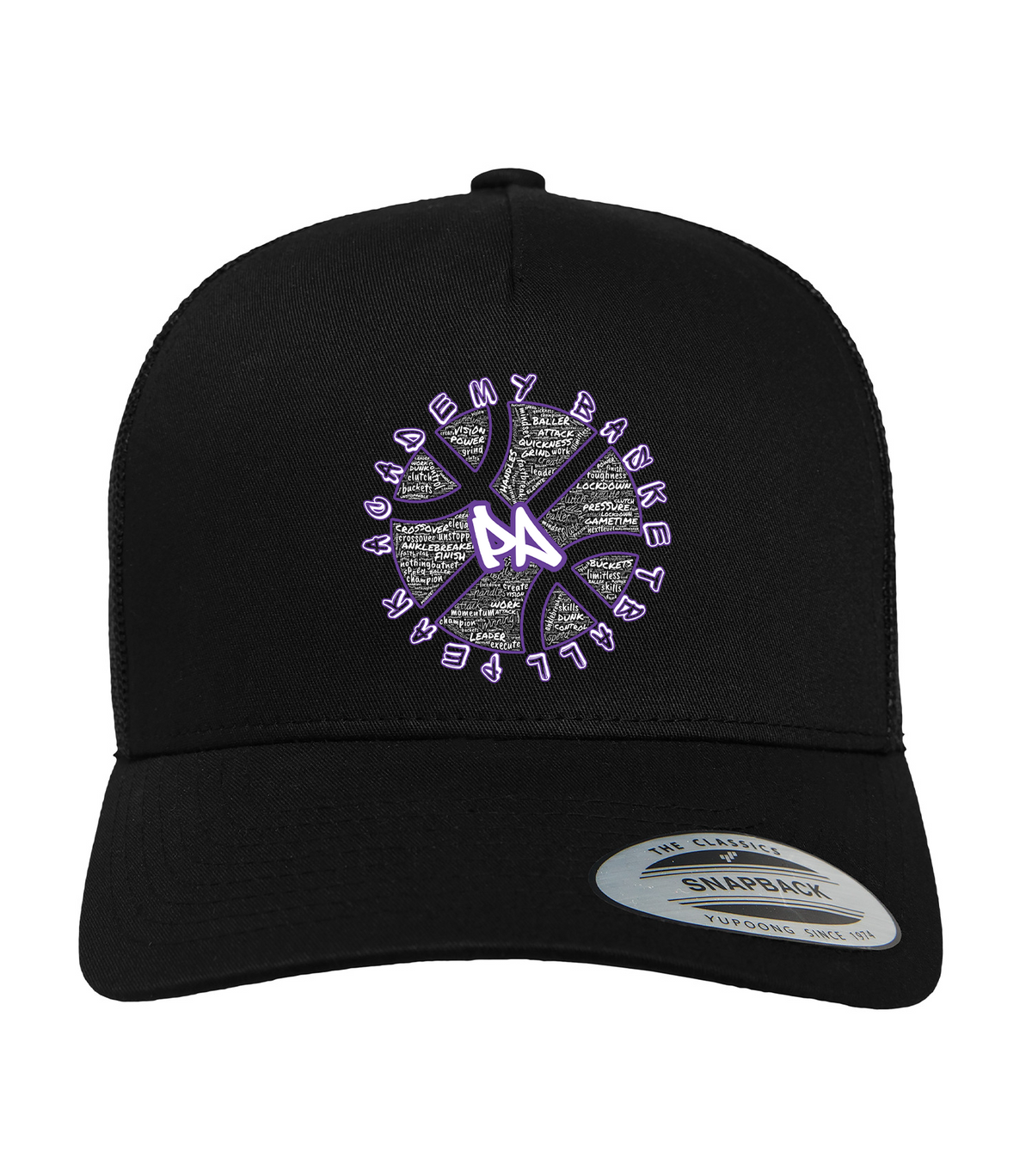 Black Curved Bill Trucker hat with Wordart Graffiti Basketball design