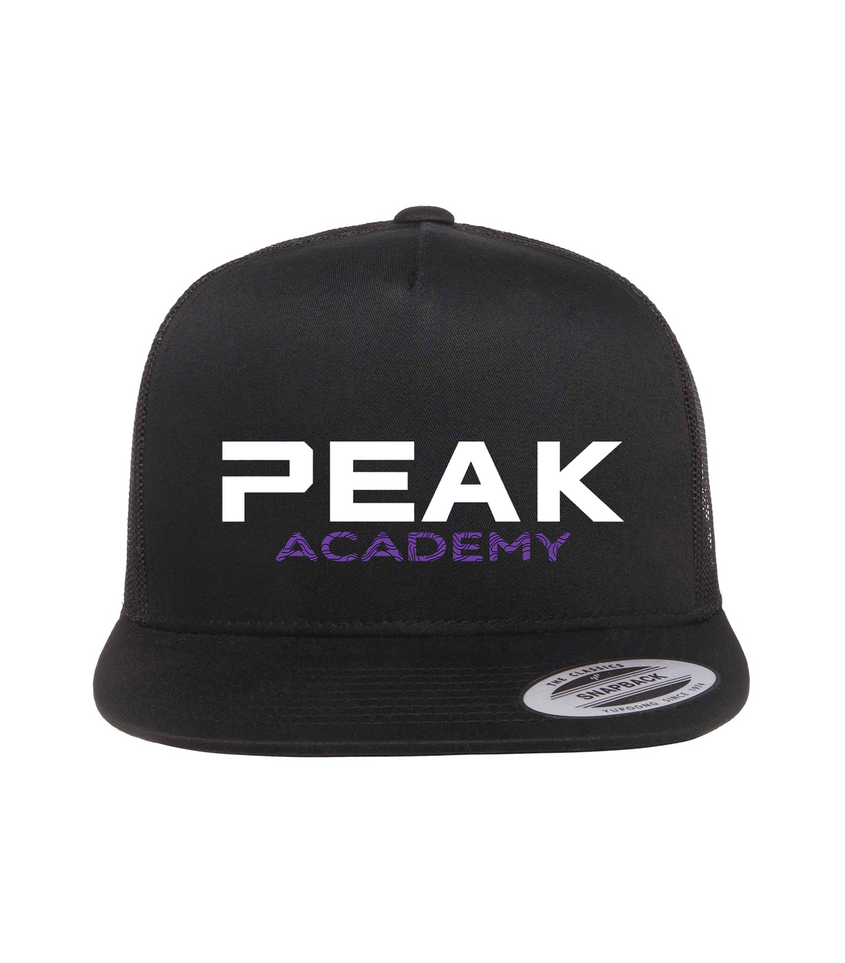 Black Flat Bill Trucker hat with Peak Academy Word Logo design