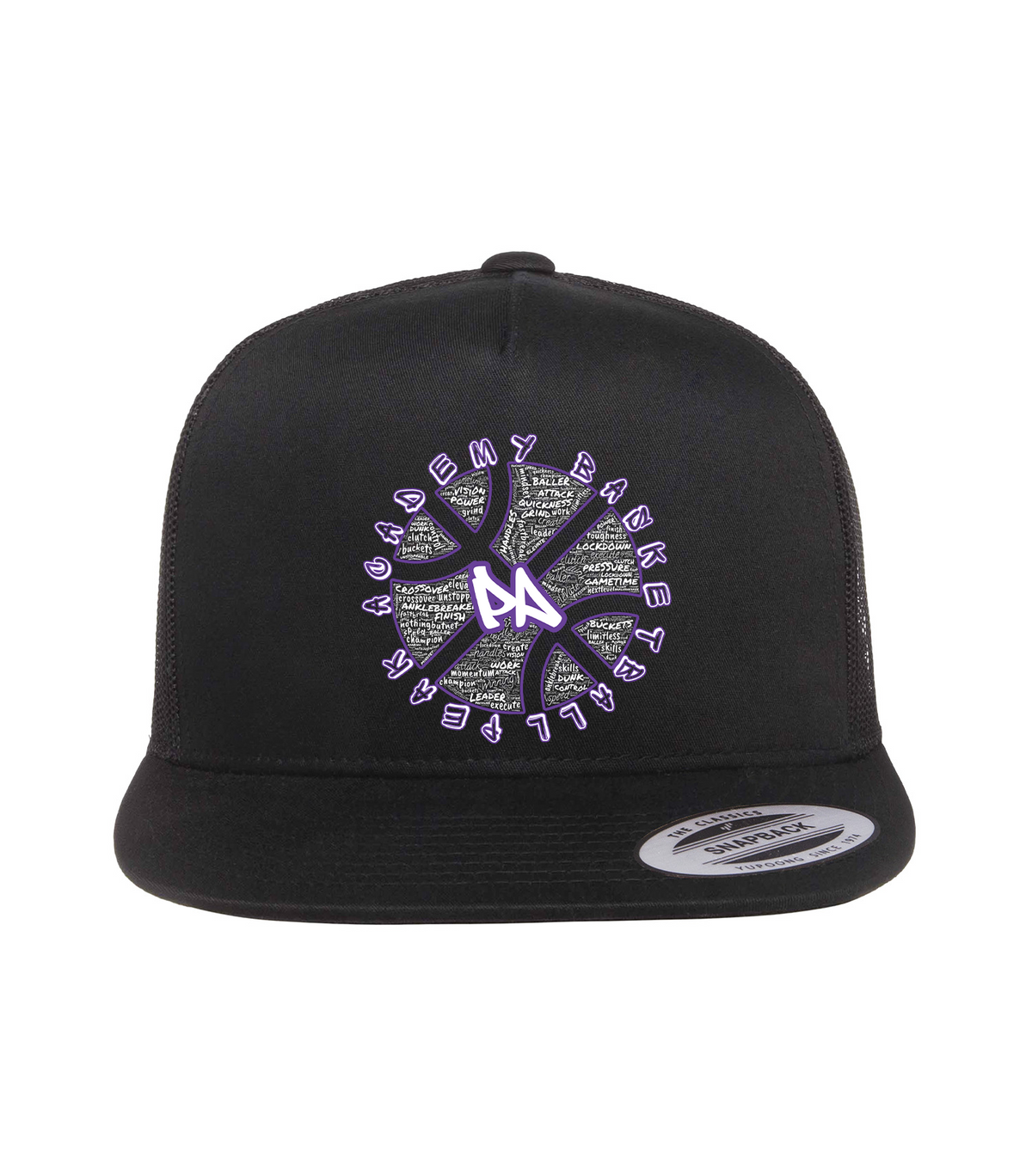 Black Flat Bill Trucker hat with Wordart Graffiti Basketball design