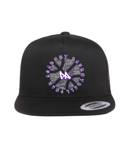 Black Flat Bill Trucker hat with Wordart Graffiti Basketball design