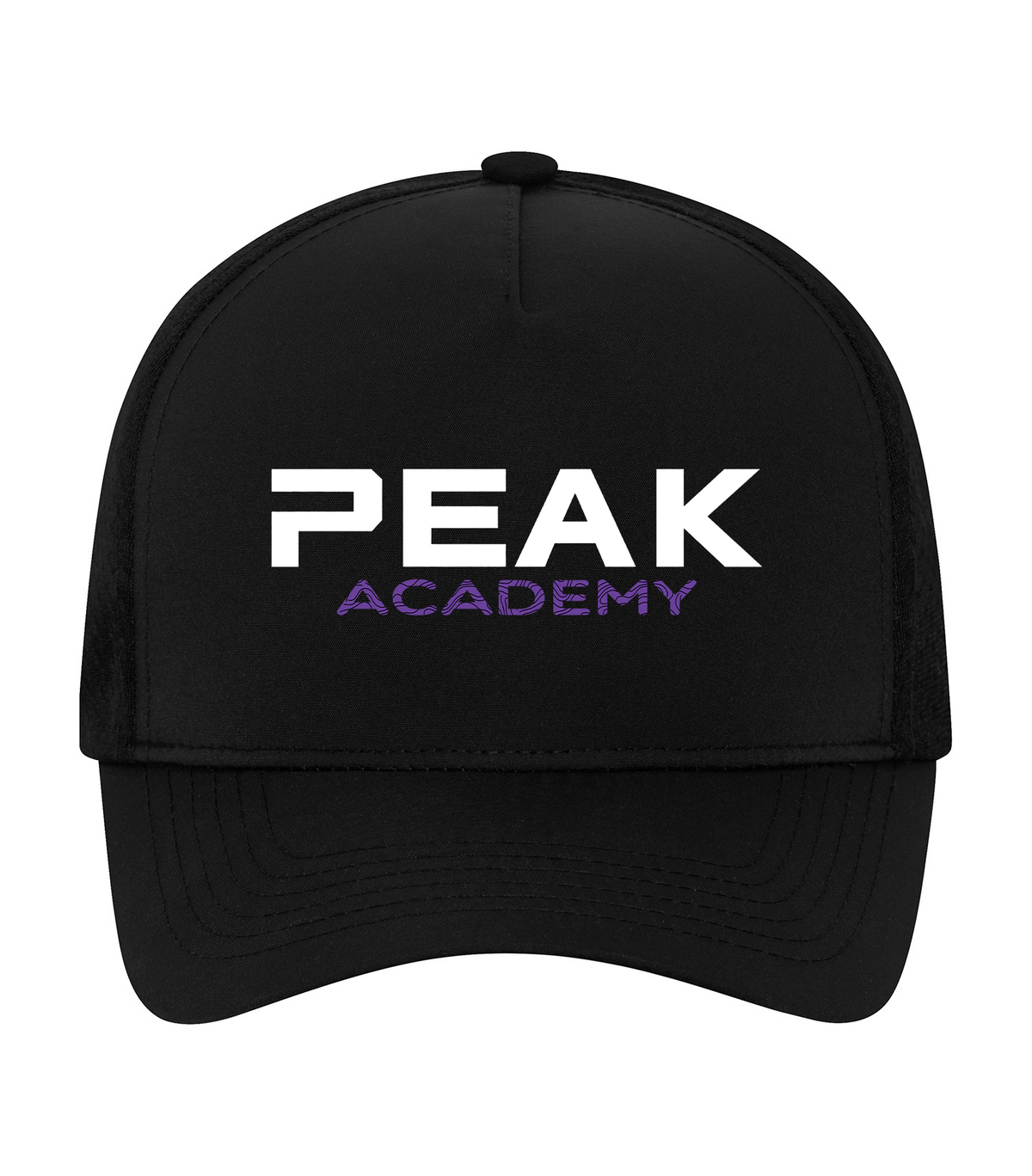 Black KOI Mesh hat with Peak Academy Word Logo design