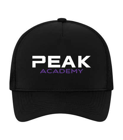Black KOI Mesh hat with Peak Academy Word Logo design