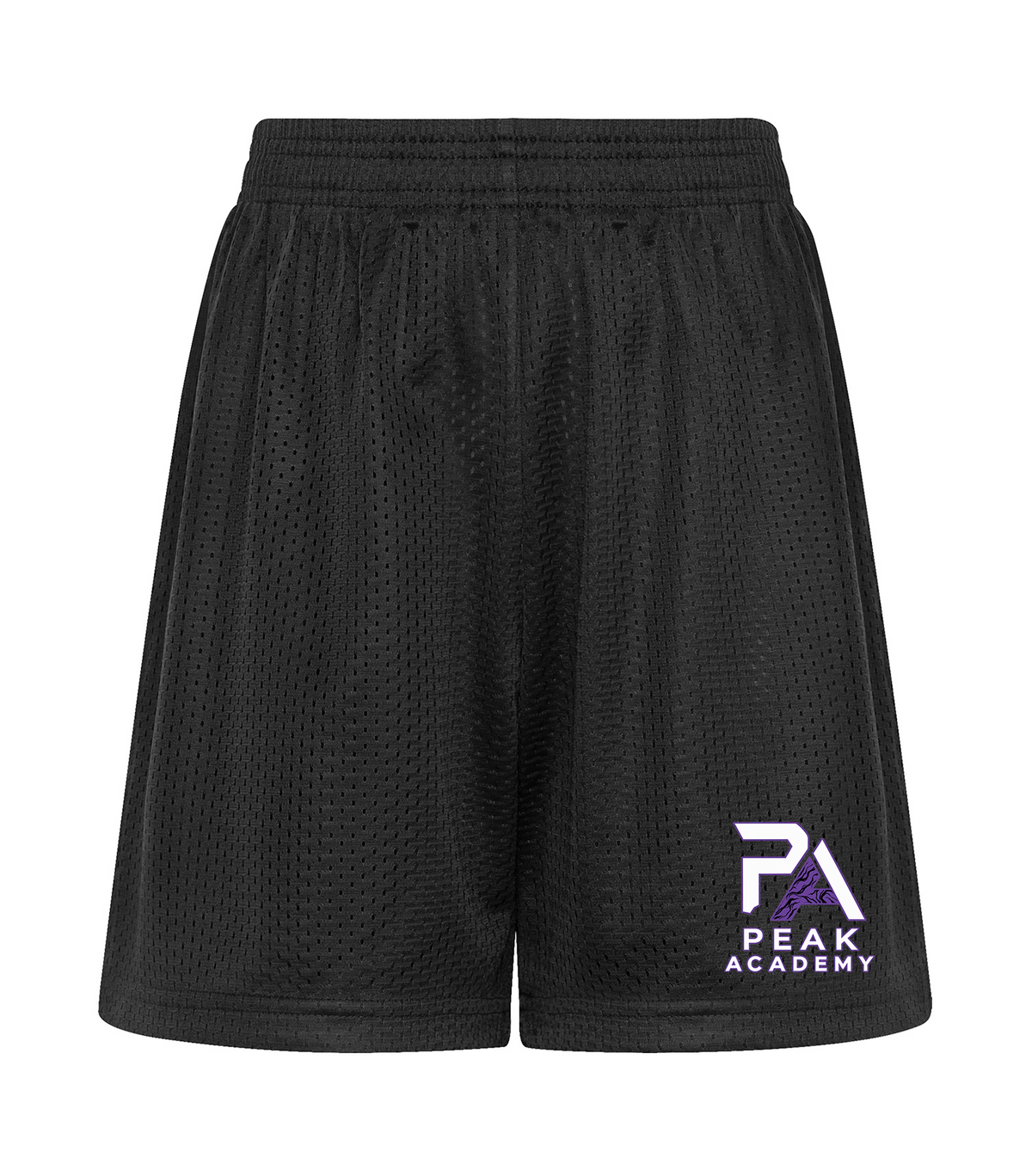 Peak Academy youth black mesh shorts with white and purple PA Peak Academy logo