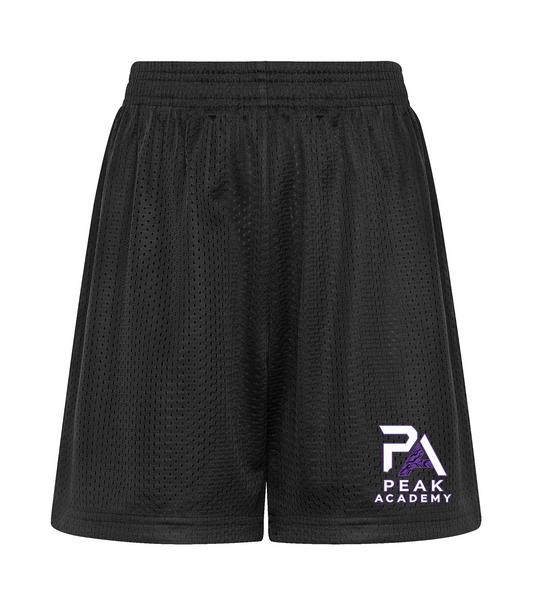 Peak Academy youth black mesh shorts with white and purple PA Peak Academy logo