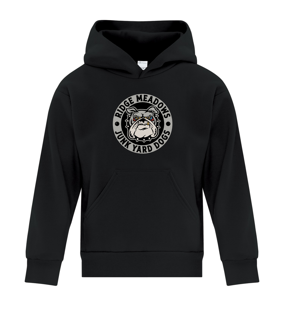 Ridge Meadows Junk Yard Dogs black youth hoodie with team chest logo and no sleeve print