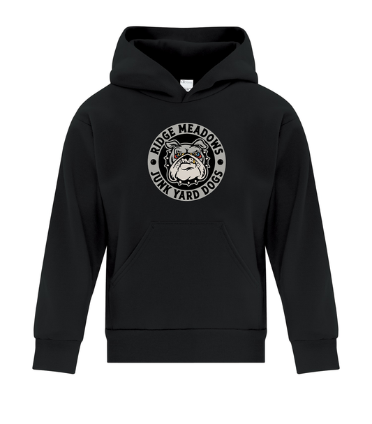 Ridge Meadows Junk Yard Dogs black youth hoodie with team chest logo and no sleeve print